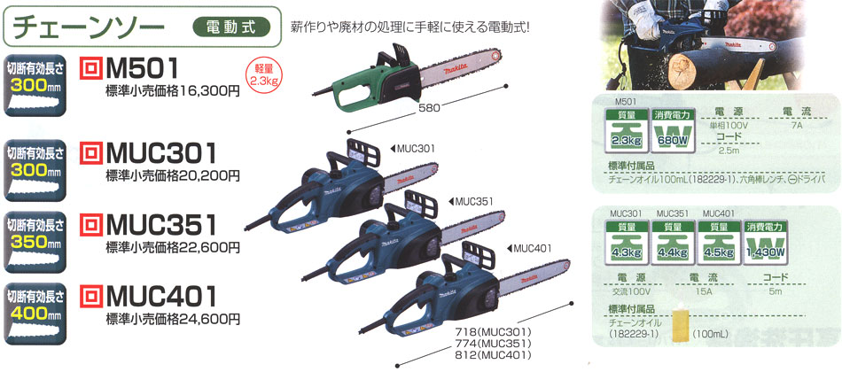 マキタ M504 電動式チェーンソー ガイドバ－長さ350mm AC100V 小型・軽量で優れた取り回し  新品【プロ用からDIY、園芸まで。道具・工具のことならプロショップe-道具館におまかせ！】